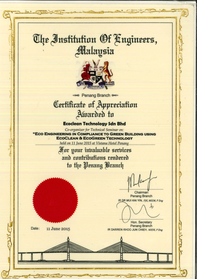 Certificate of Appreciation | EcoClean Technology Sdn. Bhd.
